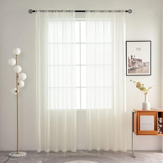 SpaceDresser Basic Rod Pocket Sheer Voile Window Curtain Panels White 1 Pair 2 Panels 60 Width 96 Inch Long for Kitchen Bedroom Children Living Room Yard(Ivory,60 W x 96 L)