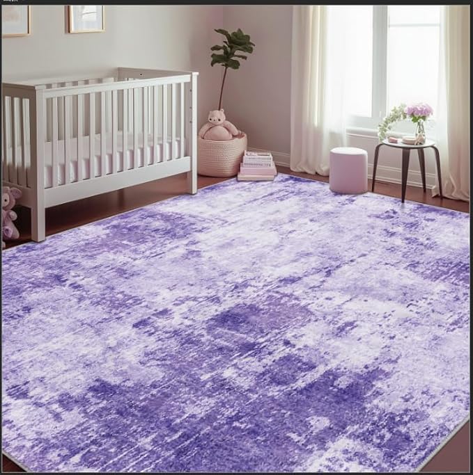 Washable Area Rugs 7'x9' Non-Slip Modern Abstract Soft for Living Room Entryway Bedroom Nursery, Print Pattern, Purple Gray Pink White