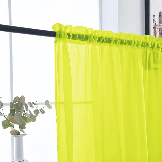 SpaceDresser Basic Rod Pocket Sheer Voile Window Curtain Panels Chartreuse 1 Pair 2 Panels 52 Width 45 Inch Long for Kitchen Bedroom Children Living Room Yard（Chartreuse, 52W x 45L）