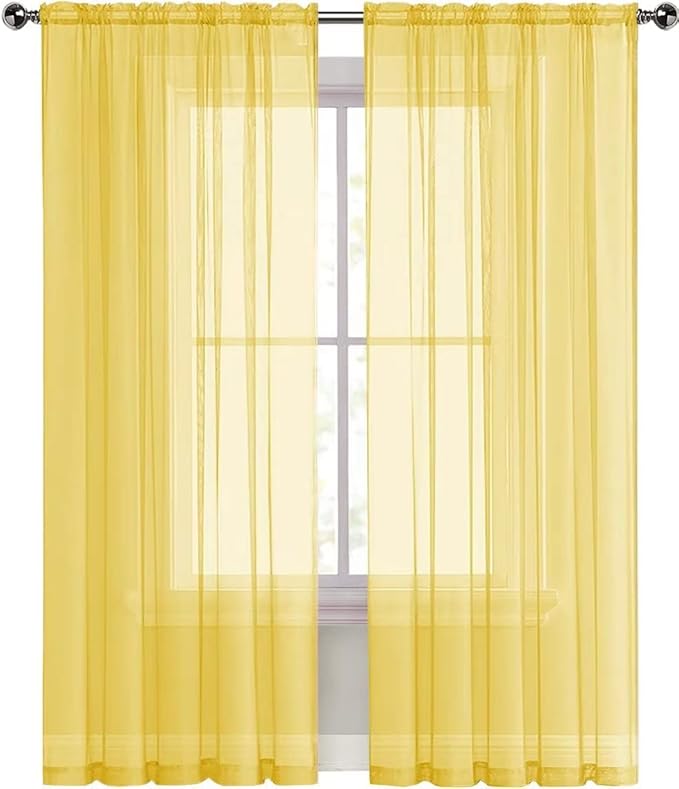 SpaceDresser Sheer Voile Window Treatment Rod Pocket Curtain Panels for Kitchen Bedroom Living Room Drapes Sunlight Filtering Privacy Semi Home Decor Assorted Colors Sizes (Yellow, 52 W x 45 L)