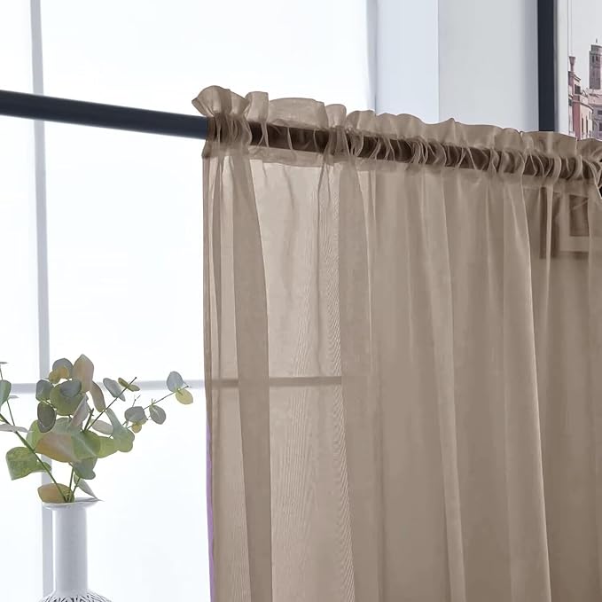 SpaceDresser Basic Rod Pocket Sheer Voile Window Curtain Panels Taupe 1 Pair 2 Panels 52 Width 63 Inch Long for Kitchen Bedroom Children Living Room Yard（Taupe, 52W x 63L）