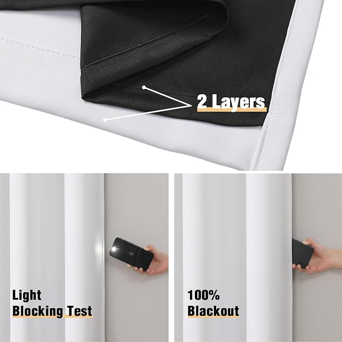 ChrisDowa White 100% Blackout Curtains for Bedroom with Black Liner, 2 Thick Layers Total Blackout Thermal Insulated Grommet Window Curtains 2 Panels Set (Pure White, 52 x 54 Inch)