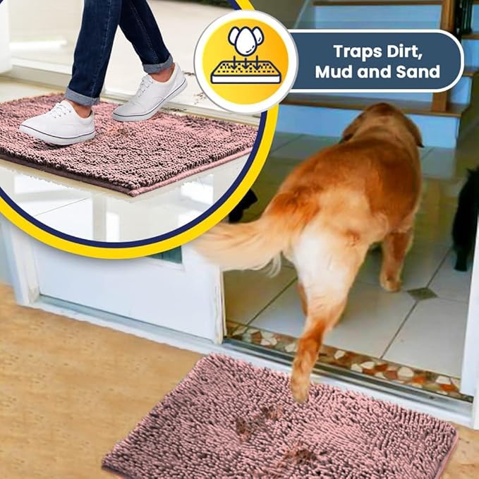 Muddy Mat® | Super Absorbent Door Mat Indoor, Microfiber Quick Dry Chenille Entryway Rug, Non-Slip Front Door Mat, Indoor Mats for Entryway, Machine Washable Pet Rug, Pink 35"x60"