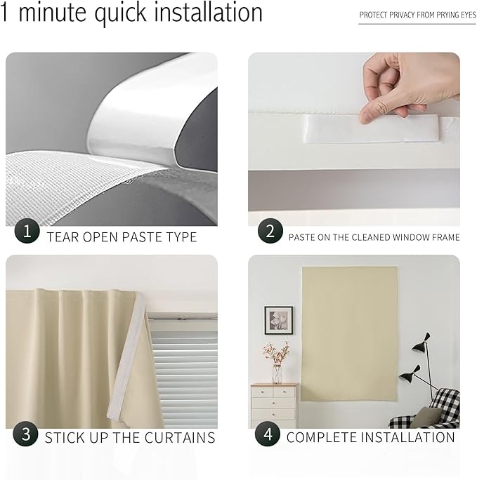 Self Adhesive Portable Blackout Curtains for Bedroom Easy to Install Window Thermal Lnsulated Kitchen Room Darkening Small Window Curtains, Cortinas Para Cuarto, 59"W X 84"L, Beige, 1 Panel