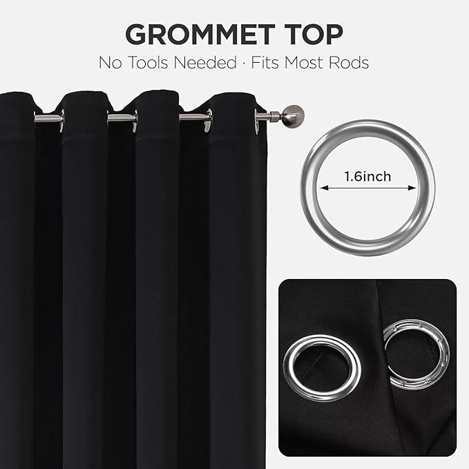Joydeco Blackout Curtains 63 Inch Length 2 Panels Set, Thermal Insulated Long Curtains& Drapes 2 Burg, Room Darkening Grommet Drapes for Bedroom Living Room Window (Black, W52 x L63 Inch)