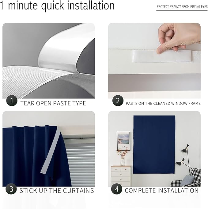 Self Adhesive Portable Blackout Curtains for Bedroom Easy to Install Window Thermal Lnsulated Kitchen Room Darkening Small Window Curtains, 59" W X 84" L, Navy Blue, 1 Panel