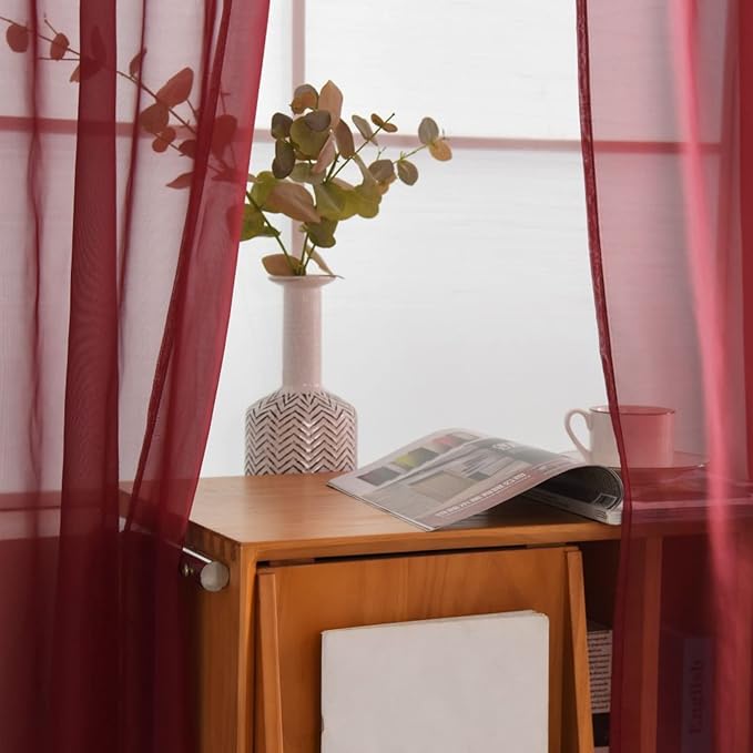 SpaceDresser Basic Rod Pocket Sheer Voile Window Curtain Panels Burgundy 1 Pair 2 Panels 52 Width 63 Inch Long for Kitchen Bedroom Children Living Room Yard(Burgundy,52 W x 63 L)