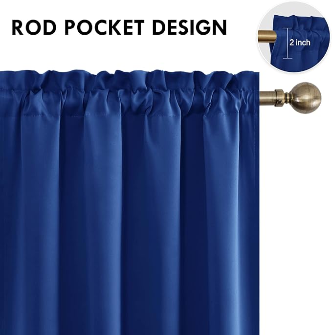 DWCN Blackout Curtains Room Darkening Thermal Insulated Bedroom Curtains Window Curtain Panels, 52 x 63 inches Long, Set of 2 Classic Blue Rod Pocket Drapes