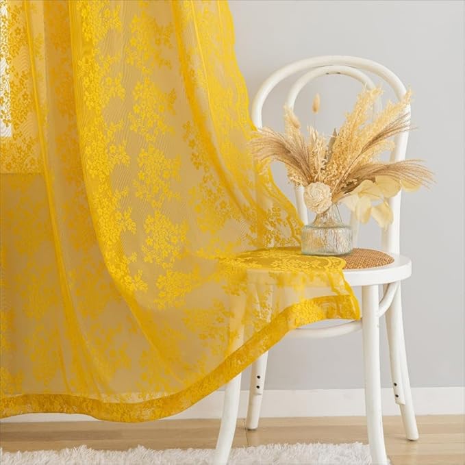 YJ YANJUN Vintage Lace Curtains 63 Inch Length-Victorian Floral Pattern Mustard Yellow Sheer Curtain Panels for Living Room Bedroom,Light Filtering, Summer Drapes 2 Panels 52W x 63L