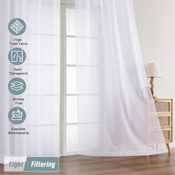 White Sheer Curtains 63 Inch Length 2 Panels, Voile Sheer Curtain for Living Room, Breathable Light Filtering Modern Window Treatments, Soft Fabric Dual Rod Pocket Drapes, 2x42Wx63L Inches