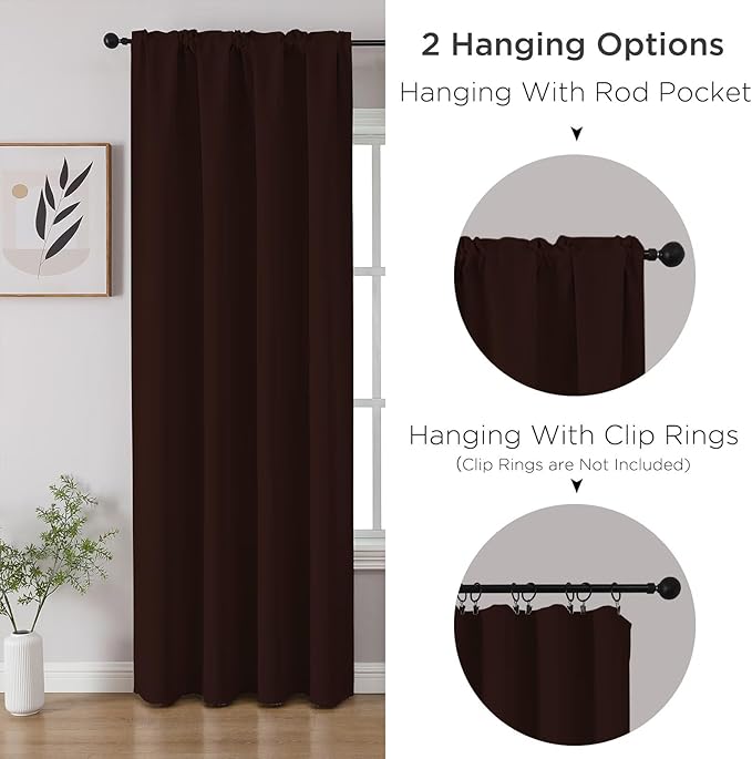 CUCRAF Blackout Curtains 63 inch Length 2 Panels Set, Rod Pocket Room Darkening Drapes for Bedroom Living Room, Insulated Thermal Light Blocking Window Curtain (W52 x L63 Inch, Chocolate)