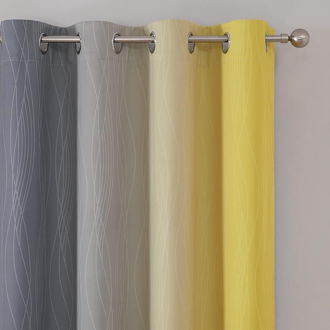 Ombre Gray and Yellow Blackout Curtains 63 Inch Length 2 panels, Full Room Darkening Curtains for Kids Room, Grommet Thermal Insulated Gradient Drapes, Light Blocking Curtains for Bedroom, 52x63 Inch