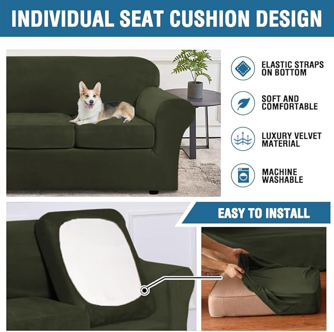 H.VERSAILTEX Real Velvet Plush 3 Piece Stretch Sofa Covers Couch Covers for 2 Cushion Couch Sofa Slipcovers Width Up to 90 Inch Feature Thick Soft Stay in Place (Sofa, Olive)