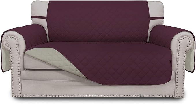 Easy-Going Reversible Loveseat Couch Cover for 2 Cushion Couch Sofa Cover for Dogs Water Resistant Furniture Protector with Foam Sticks Elastic Straps for Pet (Loveseat, Wine/Beige)