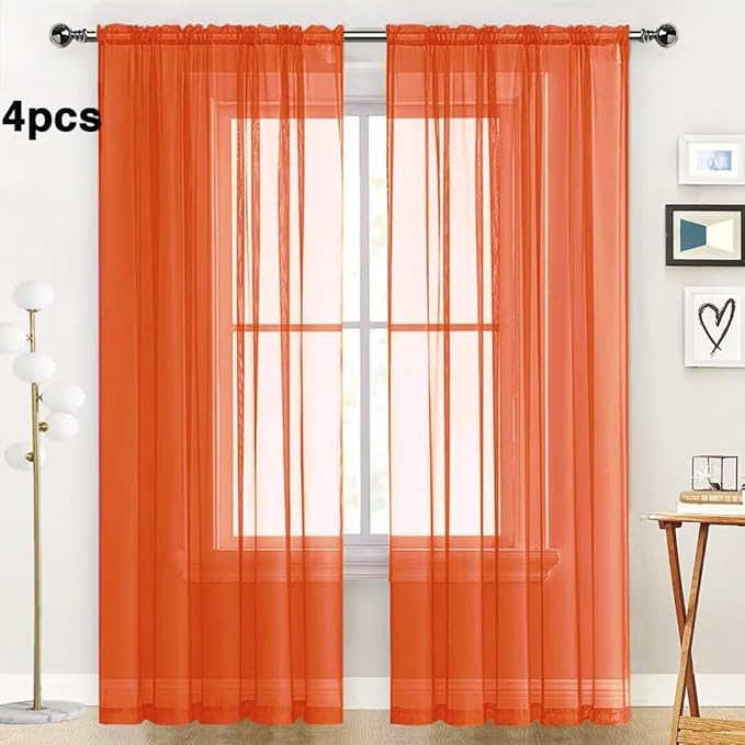 SpaceDresser Burnt Orange Sheer Curtains 4 Panels Rod Pocket Semi-Sheer Curtain 96 Inches Long Light Filtering Voile Window Drapes for Bedroom Living Room Kitchen, Each 52W x 96L
