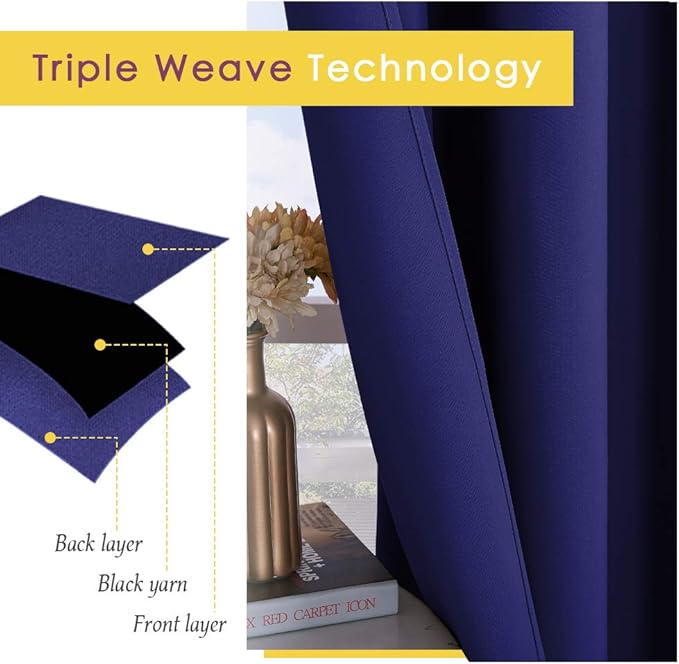 NICETOWN Bedroom Curtains Blackout Drapery Panels, 2 Panels, 70 x 108 inches, Royal Blue, Three Pass Microfiber Thermal Insulated Solid Ring Top Blackout Window Curtains/Drapes