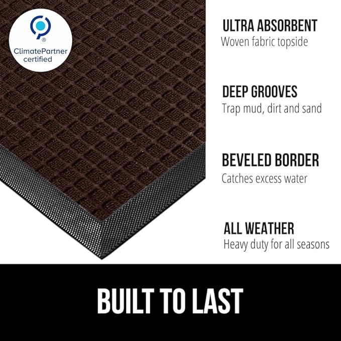 GORILLA GRIP 100% Waterproof All-Season WeatherMAX Doormat 35x23, US Designed Natural Rubber, Stain and Fade Resistant, Low Profile Indoor Outdoor Door Mats, Easy Clean Patio Mat, Coffee Squares