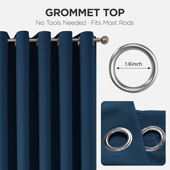Joydeco Blackout Patio Sliding Door Curtains 96 Inches Long, Grommet Privacy Room Divider Curtains, Extra Wide Thermal Blackout Drapes for Bedroom Living Room (Navy Blue, 80Wx96L, 1 Panel)