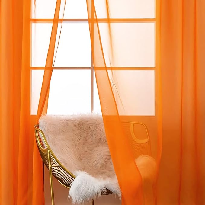 SpaceDresser Orange Sheer Curtains 4 Panels Rod Pocket Semi-Sheer Curtain 63 Inches Long Light Filtering Voile Window Drapes for Bedroom Living Room Kitchen, Each 52W x 63L