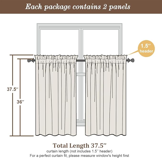 Chyhomenyc Ivory Sheer Curtains Tier 36 inch Length 2 Panels, Light Filtering Airy Rod Pocket Short Curtains Window Treatment for Small Windows/Bathroom/Cafe/Living Room/Farmhouse, 42x36 Inch