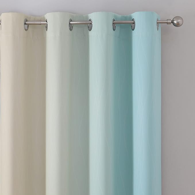 Estelar Textiler Aqua and Beige Blackout Curtains 54 Inch Length, Light Blocking Gradient Grommet Drapes for Living Room, Thermal Insulated Ombre Curtains for Bathroom,52Wx54L,2 Panels