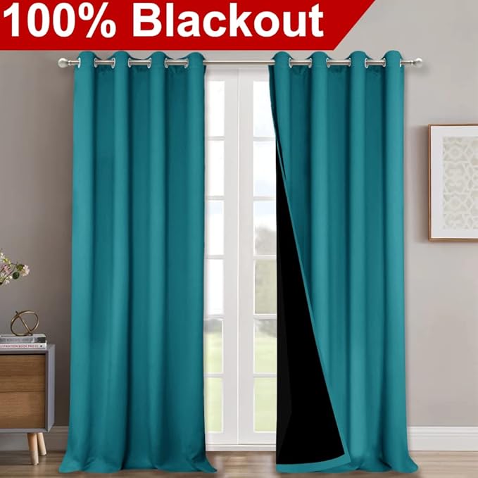 NICETOWN 100% Blackout Curtains for Windows, Pack of 2, Peacock Teal, 52" W x 102" L, Super Heavy-Duty Black Lined Total Darkness Drapes for Bedroom, Privacy Assured Window Treatment for Patio