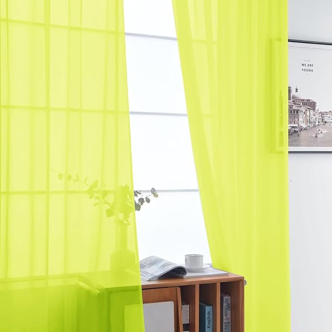 SpaceDresser Basic Rod Pocket Sheer Voile Window Curtain Panels Chartreuse 1 Pair 2 Panels 52 Width 96 Inch Long for Kitchen Bedroom Children Living Room Yard（Chartreuse, 52W x 96L）