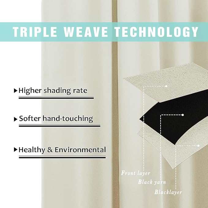 NICETOWN Cold Reducing Curtains, Kitchen Short Full Blackout Curtain Panels, Great Job for Blocking Light, Complete Blackout Draperies with Black Liner for Night Shift (Beige, Set of 2, 37 by 63-inch)
