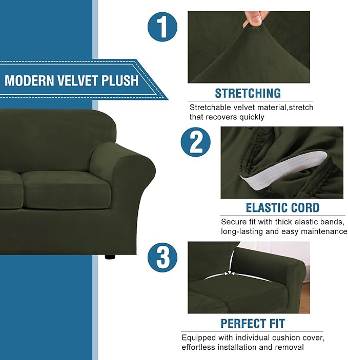 H.VERSAILTEX Real Velvet Plush 3 Piece Stretch Sofa Covers Couch Covers for 2 Cushion Couch Sofa Slipcovers Width Up to 90 Inch Feature Thick Soft Stay in Place (Sofa, Olive)