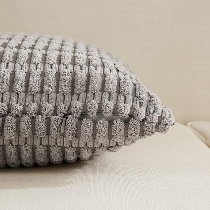 Fancy Homi 4 Packs Neutral Small Decorative Throw Pillow Covers 14x14 Inch for Living Room Couch Bed Sofa, Rustic Farmhouse Boho Home Decor, Soft Plush Striped Corduroy Square Cushion Case 35x35 cm