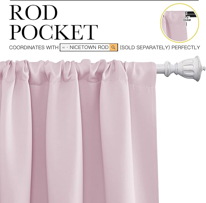 NICETOWN Blackout Curtains for Girls Room - Nursery Essential Thermal Insulated Solid Rod Pocket Top Blackout Drapes (Lavender Pink=Light Pink, 1 Pair, 42 x 45 Inch)