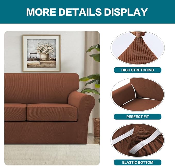 Turquoize 4 Piece Sofa Covers for 3 Cushion Couch Sofa Slipcover Soft Couch Cover for Dogs-Washable Sofa Furniture Covers with 3 Individual Large Cushion Covers (XL Sofa, Caramel)