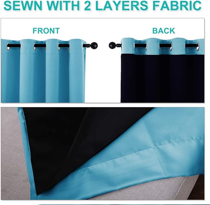 NICETOWN 100% Blackout Short Curtains with Black Liners, 2 Panels, 37" W by 63" L, Teal Blue, Solid Thermal Insulated Full Blackout 2-Layer Lined Drapes, Energy Efficiency Window Draperies for Bedroom