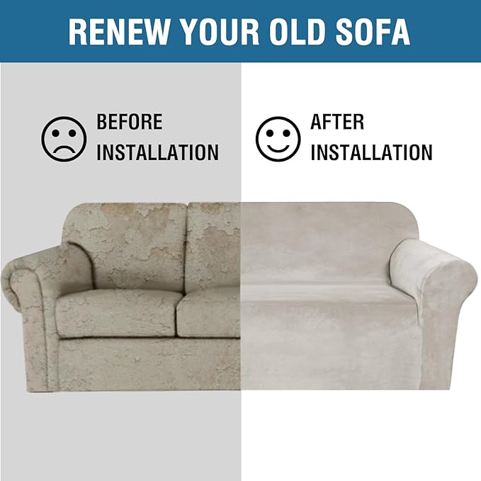H.VERSAILTEX Stretch Velvet Loveseat Covers for 2 Cushion Couch Covers for Living Room Sofa Covers Slipcovers with Non Slip Straps Bottom, Ultra Thick Comfy Velour (Width 58"-72", Oatmeal)