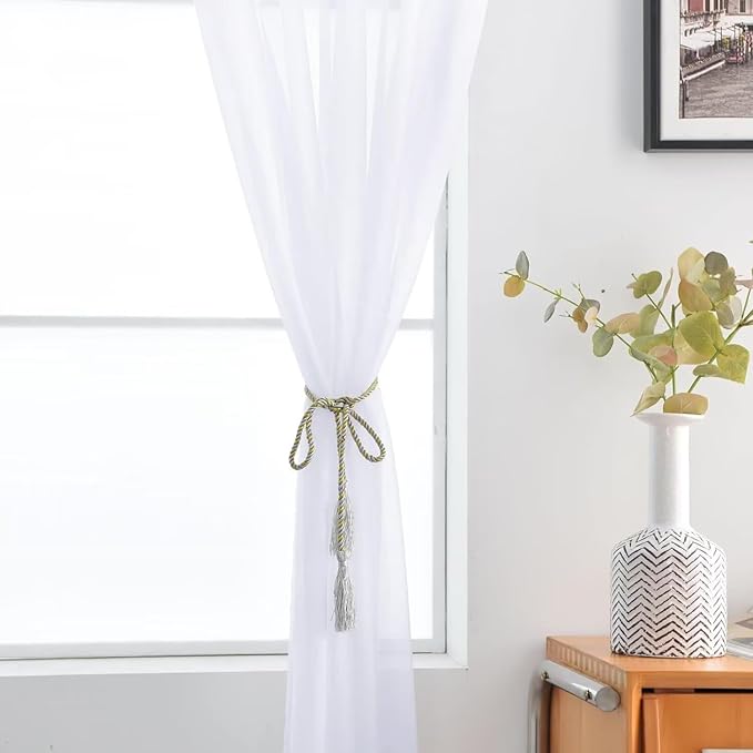 SpaceDresser Optical White Sheer Curtains 4 Panels Rod Pocket Semi-Sheer Curtain 96 Inches Long Light Filtering Voile Window Drapes for Bedroom Living Room Kitchen, Each 52W x 96L