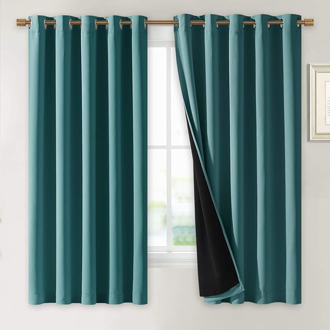 NICETOWN 100% Blackout Curtain Panels, Thermal Insulated Black Liner Curtains for Nursery Room, Noise Reducing and Cold Blocking Drapes for Windows (Set of 2, Sea Teal, 70-inch Wide by 63-inch Long)