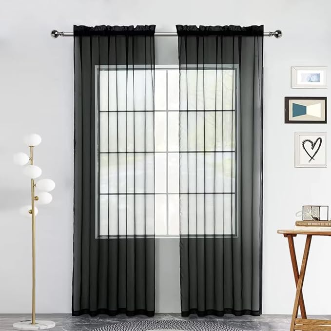 SpaceDresser Sheer Voile Window Treatment Rod Pocket Curtain Panels for Kitchen Bedroom Living Room Drapes Sunlight Filtering Privacy Semi Home Decor Assorted (Black, 52 W x 45 L)