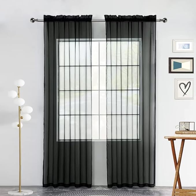 SpaceDresser Sheer Voile Window Treatment Rod Pocket Curtain Panels for Kitchen Bedroom Living Room Drapes Sunlight Filtering Privacy Semi Home Decor Assorted (Black, 52 W x 72 L)