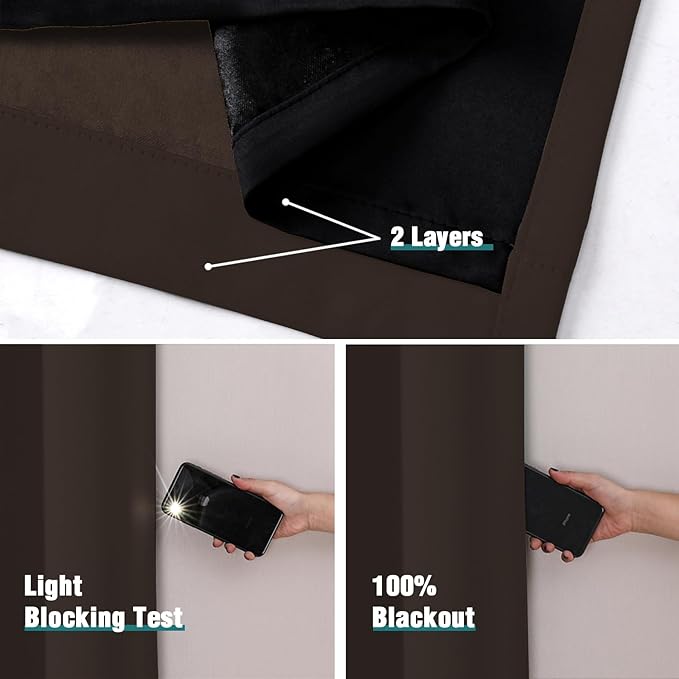 ChrisDowa 100% Blackout Curtains for Bedroom with Black Liner, 2 Thick Layers Total Blackout Thermal Insulated Grommet Window Curtains 2 Panels Set (Brown, 42 x 84 Inch)