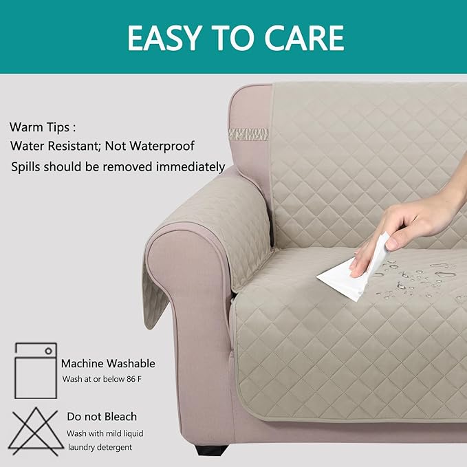 U-NICE HOME Loveseat Sofa Cover Reversible Couch Covers for 2 Cushion Couch for Dogs Furniture Protector Cover with Elastic Straps Water Resistant(Loveseat Small, Beige/Beige)