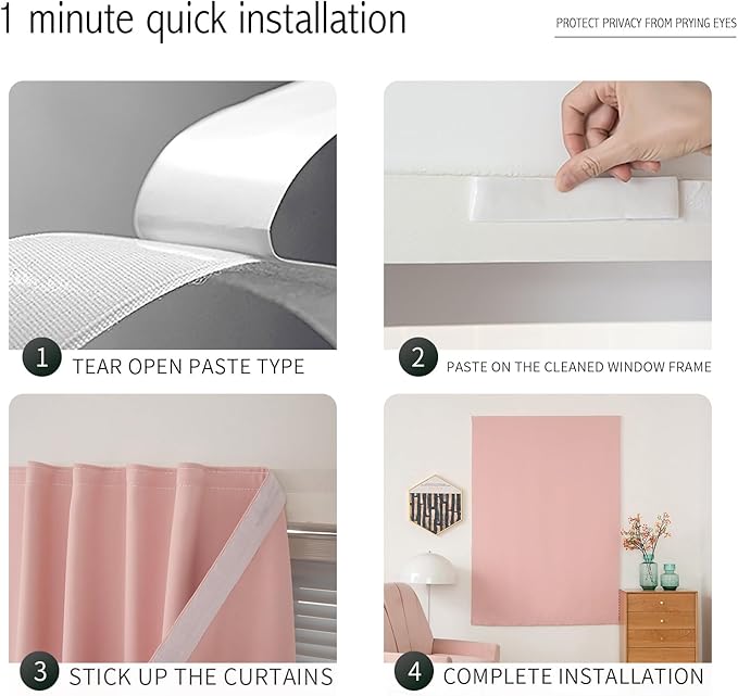 Self Adhesive Blackout Curtains- Stick on Curtains Shades Window Blinds Curtains No Rod Needed Easy to Hang Curtain, Use for Bedroom, Living Room,Roman Shades, 59" W X 71" L, Pink, 1 Panel