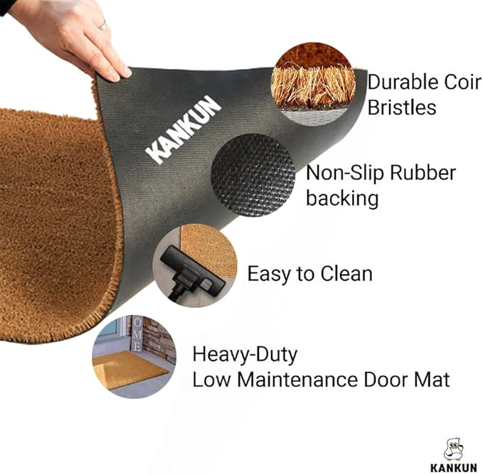 KANKUN Coco Coir Door Mat with Heavy Duty Backing, Welcome Doormat (17" x 30"), Doormat Entrance (Plain - 1Pack)