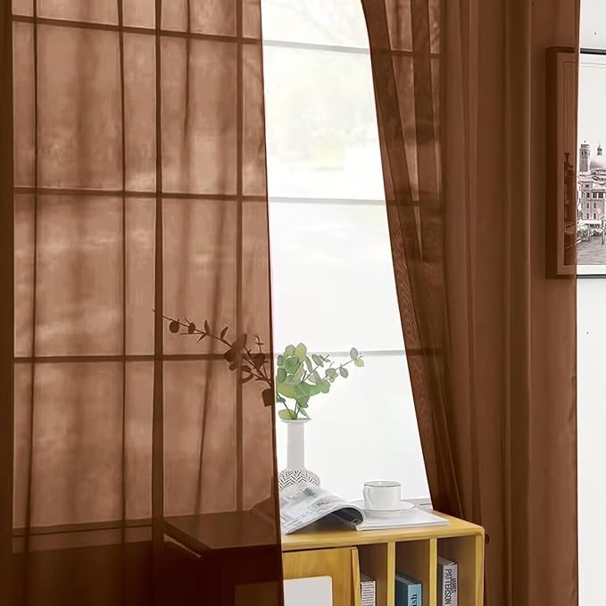 SpaceDresser Brown Sheer Curtains 4 Panels Rod Pocket Semi-Sheer Curtain 108 Inches Long Light Filtering Voile Window Drapes for Bedroom Living Room Kitchen, Each 52W x 108L