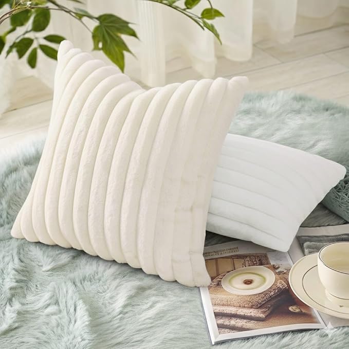 decorUhome Summer Cozy Faux Fur Throw Pillow Covers 22x22 Set of 2 Decorative Plush Striped Modern Farmhouse Boho Couch Euro Sham Pillow Cases with Velvet Back for Sofa Bed Living Room, Cream White