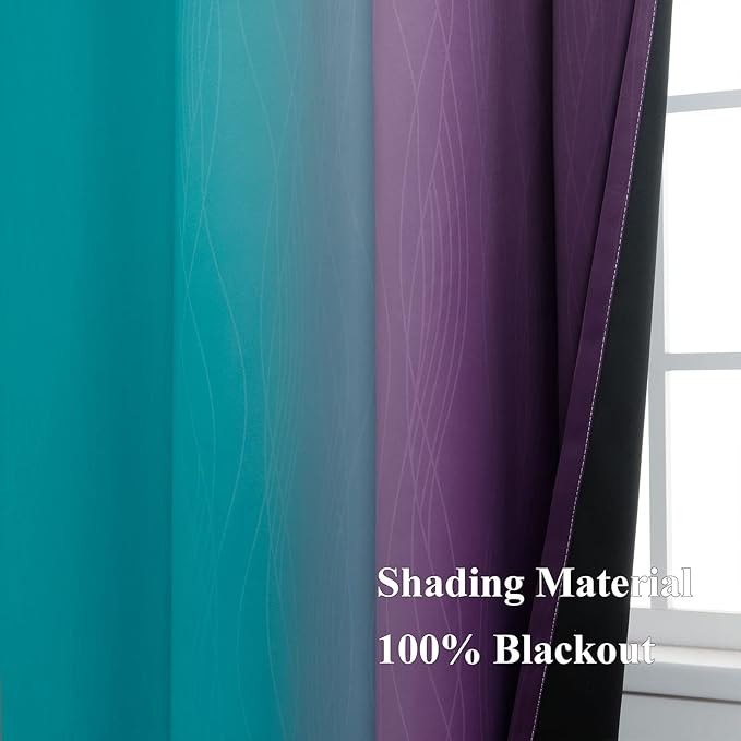 Estelar Textiler Ombre Teal and Purple Blackout Curtains 45 Inch Length 2 panels, Grommet Thermal Insulated Gradient Drapes for Kids Room, Full Light Blocking Blackout Curtains for Bedroom, 52x45 Inch
