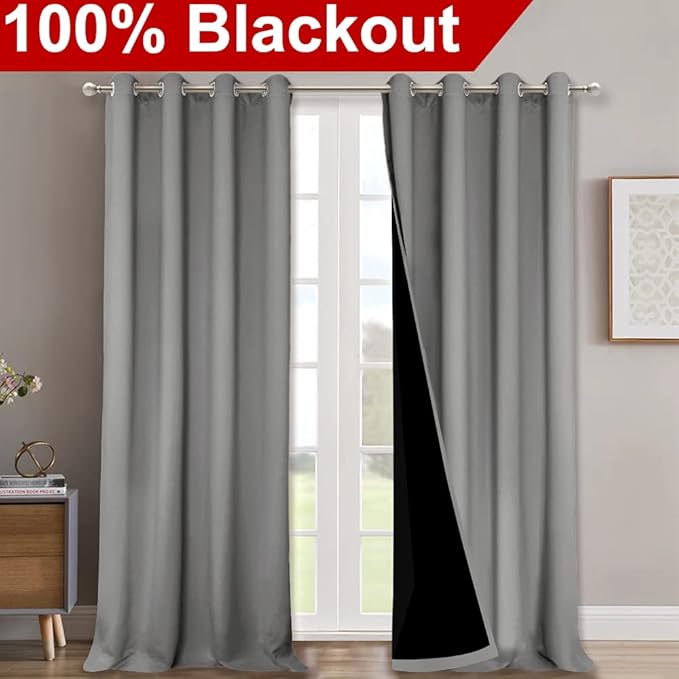 NICETOWN Total Shade Curtains and Draperies, Heavy-Duty Full Light Shading Drapes with Black Liner Backing for Villa/Hall/Dorm Window（Silver Grey, Package of 2 Panels, 52 inches Wide x 95 inches Long
