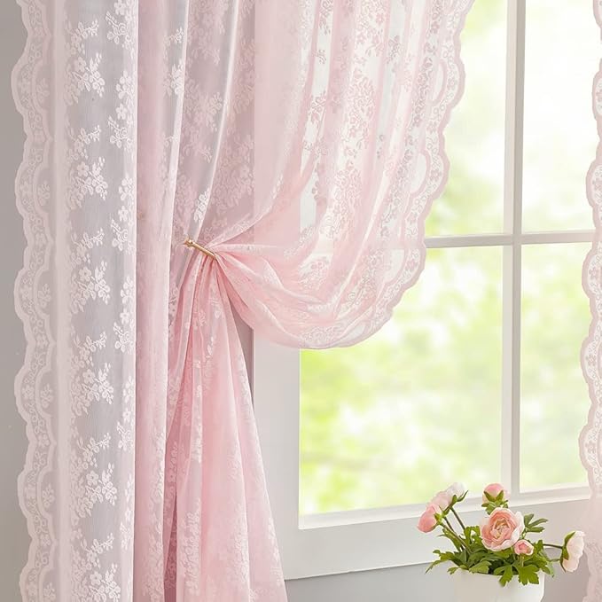 YJ YANJUN Vintage Lace Curtains 96 Inches Long 2 Panels Set Elegant Chic Floral Pink Sheer Curtain Panles for Girls Baby Living Room Bedroom Girly Preppy Room Decor Light Filtering 52" W x 96" L