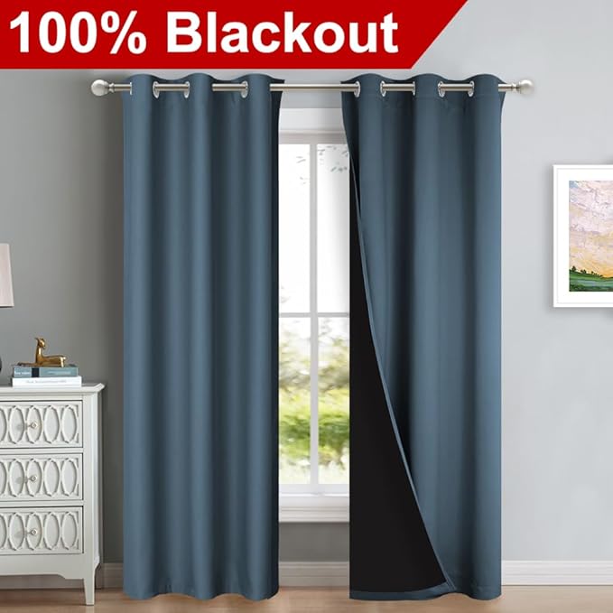 NICETOWN Blackout Curtains 80 inches Long, 2 Pieces, 42" Wide Each Panel, Smoky Blue, Full Light Blocking Drapes with Black Liner for Nursery, Thermal Insulated Draperies for Hall, Villa