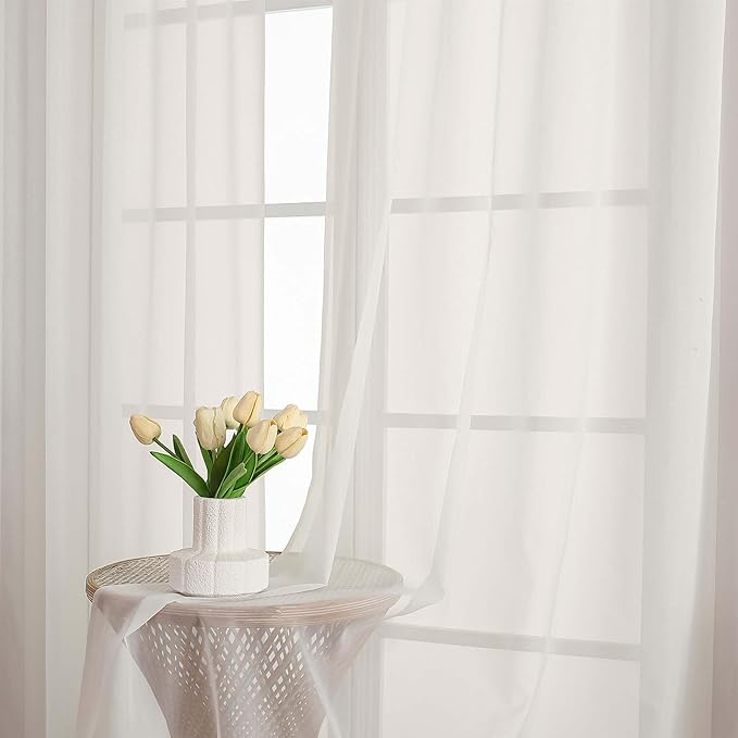 Chyhomenyc Ivory Sheer Curtains 48 Inch Long, Light Filtering Solid Color Bedroom Window Sheer Curtain Panels, Elegant Short Curtains & Drapes for Living Room, 42Wx48L, 2 Panels