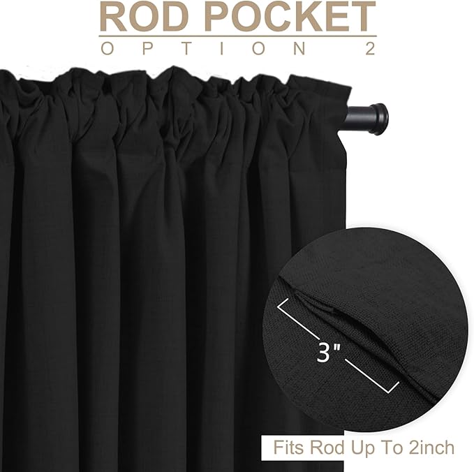 100% Blackout Shield Linen Blackout Curtains for Bedroom 96 Inches Long, Back Tab/Rod Pocket Living Room Drapes, Thermal Insulated Blackout Curtains 1 Panel Set, 100" W x 96" L, Black